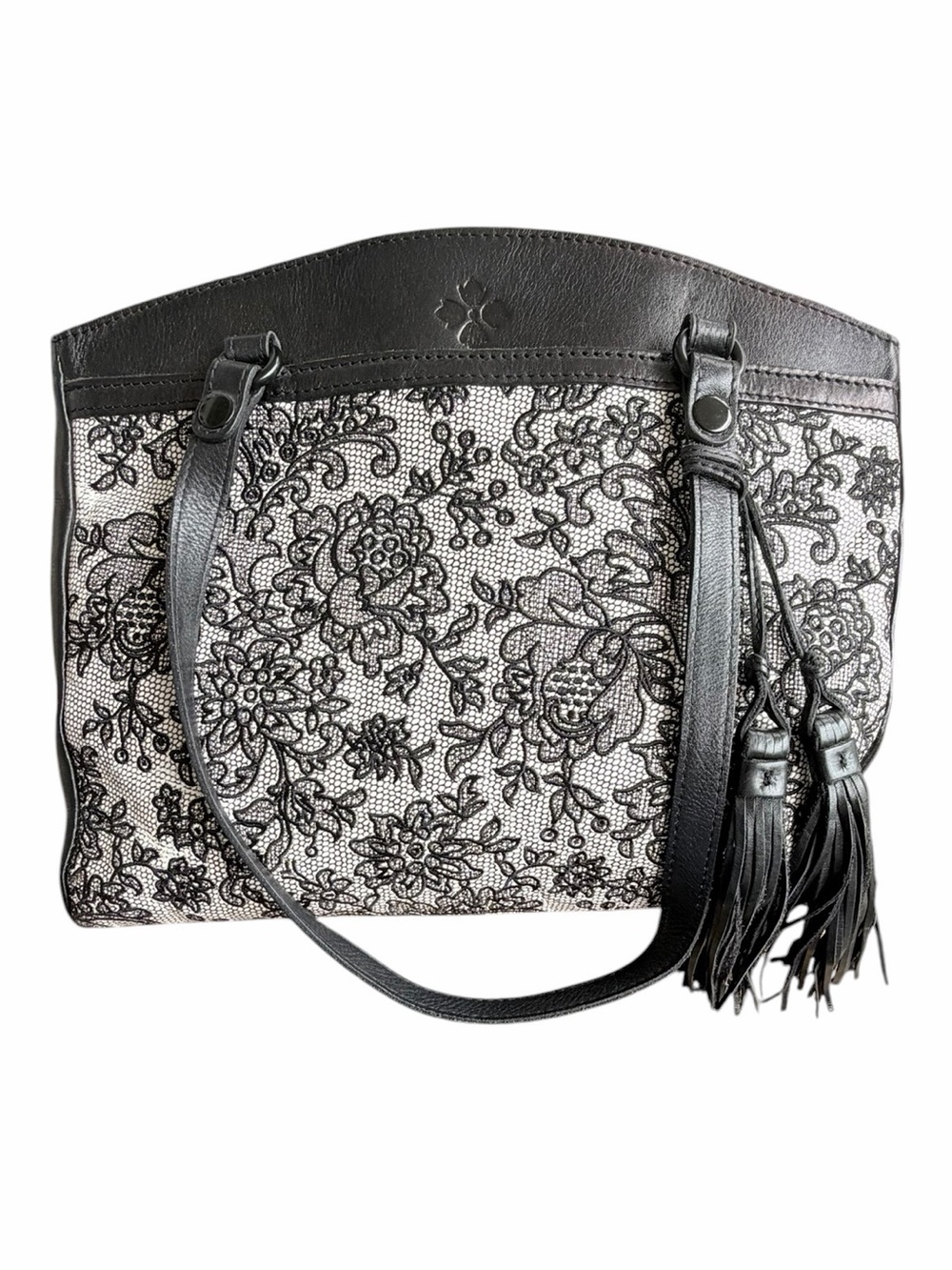Patricia Nash Poppy Tote Chantilly Lace Print Black and White Leather